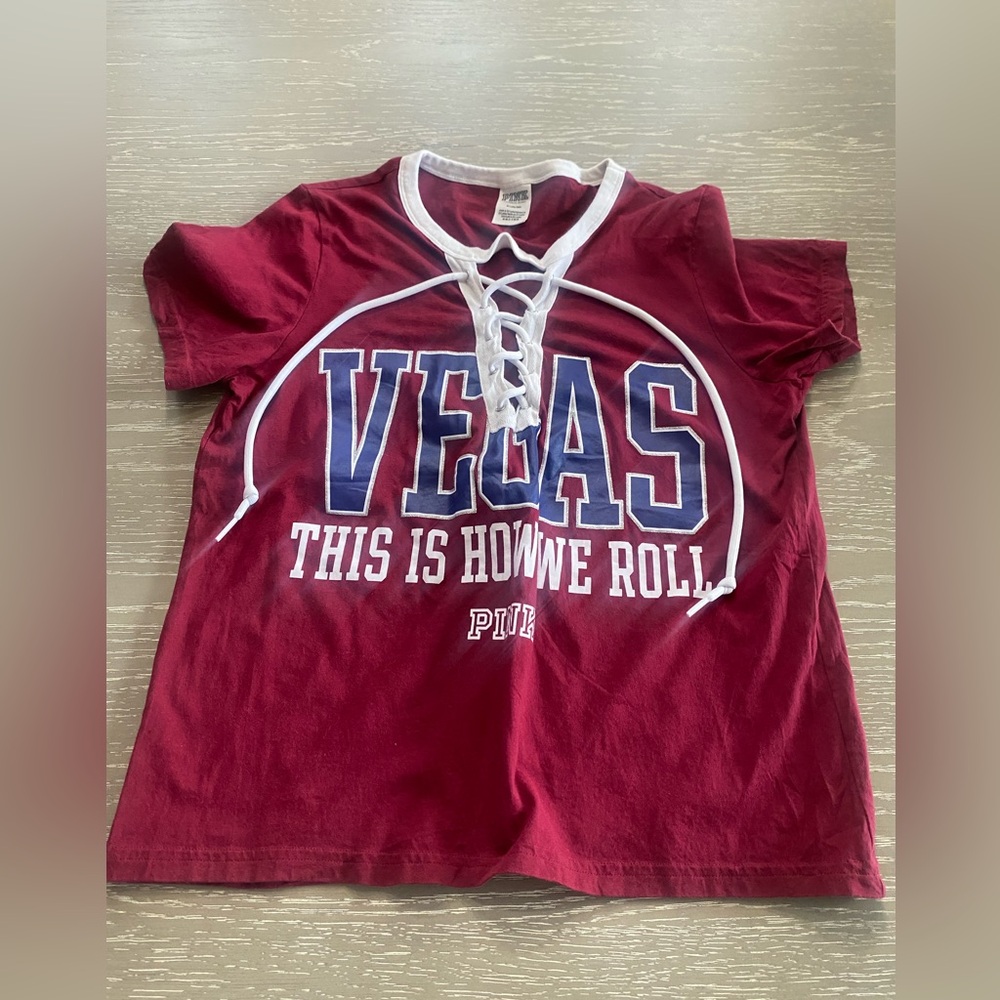 PINK Victoria's Secret Burgundy Tee with White and Blue Glitter Details